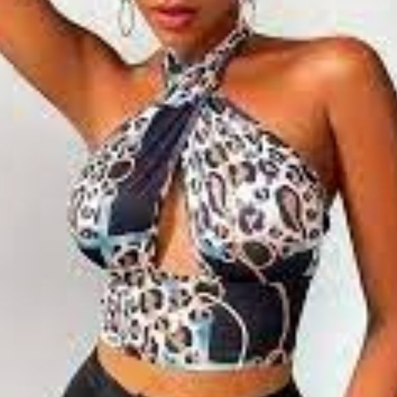 Chain Print Crop Halter Top - Picture 1 of 1